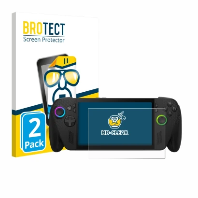 Face avant d’un emballage produit avec le logo de la marque BROTECT. À côté, l’appareil ASUS ROG Xbox Ally X est représenté av