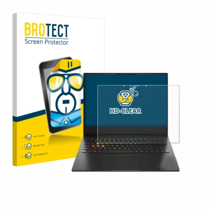 Face avant d’un emballage produit avec le logo de la marque BROTECT. À côté, l’appareil HP Omen Transcend 16-u1000nl est repré