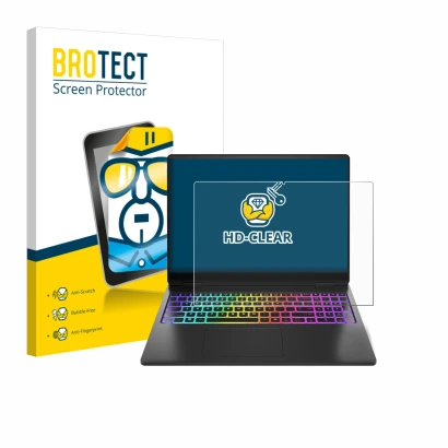 Face avant d’un emballage produit avec le logo de la marque BROTECT. À côté, l’appareil HP Omen Max 16 est représenté avec la 