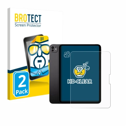 Face avant d’un emballage produit avec le logo de la marque BROTECT. À côté, l’appareil Apple iPad Pro 11" 2025 (Avant+Caméra)