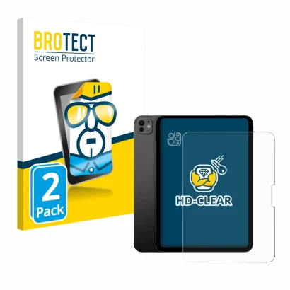 Face avant d’un emballage produit avec le logo de la marque BROTECT. À côté, l’appareil Apple iPad Pro 11" 2024 (Avant+Caméra)