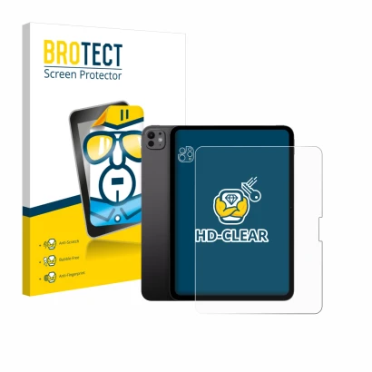 Face avant d’un emballage produit avec le logo de la marque BROTECT. À côté, l’appareil Apple iPad Pro 13" 2024 (Avant+Caméra)