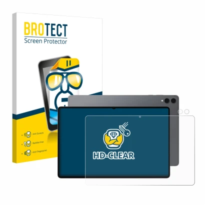 Face avant d’un emballage produit avec le logo de la marque BROTECT. À côté, l’appareil Samsung Galaxy Tab S11 Ultra (Avant+Ca