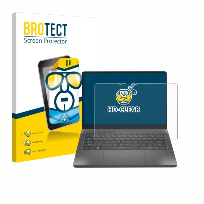 Face avant d’un emballage produit avec le logo de la marque BROTECT. À côté, l’appareil ASUS ROG Zephyrus G14 2025 GA403 est r