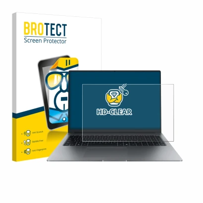 Face avant d’un emballage produit avec le logo de la marque BROTECT. À côté, l’appareil Honor MagicBook X16 Plus 2025 est repr