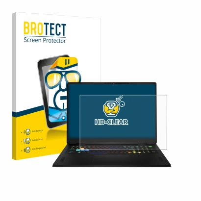 Face avant d’un emballage produit avec le logo de la marque BROTECT. À côté, l’appareil MSI Vector A18 HX 2025 est représenté