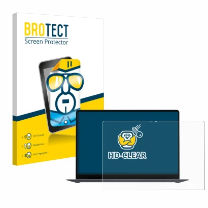 Face avant d’un emballage produit avec le logo de la marque BROTECT. À côté, l’appareil Samsung Galaxy Book6 Pro 16" est repré