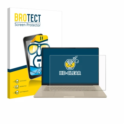 Face avant d’un emballage produit avec le logo de la marque BROTECT. À côté, l’appareil ASUS ZenBook A16 UX3607 est représenté