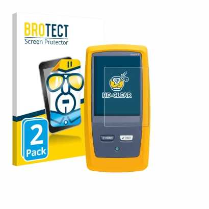 Face avant d’un emballage produit avec le logo de la marque BROTECT. À côté, l’appareil Fluke DSX8000 est représenté avec la p