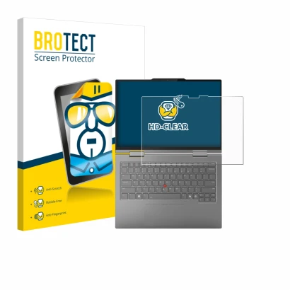 Face avant d’un emballage produit avec le logo de la marque BROTECT. À côté, l’appareil Lenovo ThinkPad X1 2-in-1 Gen 10 Aura
