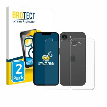 Face avant d’un emballage produit avec le logo de la marque BROTECT. À côté, l’appareil Apple iPhone 17e (Avant+Arrière) est r