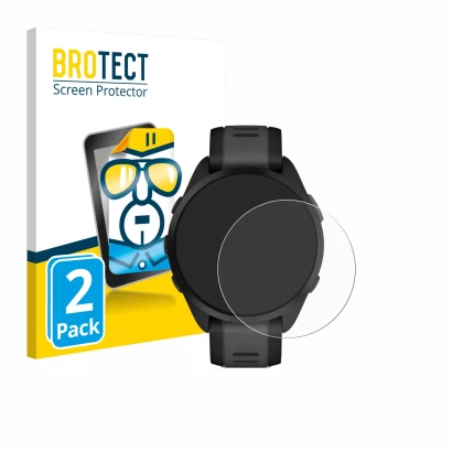 Face avant d’un emballage produit avec le logo de la marque BROTECT. À côté, l’appareil Garmin Forerunner 165 Music est représ