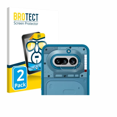 Face avant d’un emballage produit avec le logo de la marque BROTECT. À côté, l’appareil Nothing Phone (4a) (Caméra UNIQUEMENT)