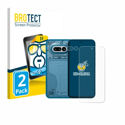 Face avant d’un emballage produit avec le logo de la marque BROTECT. À côté, l’appareil Nothing Phone (4a) (Avant+Caméra) est 