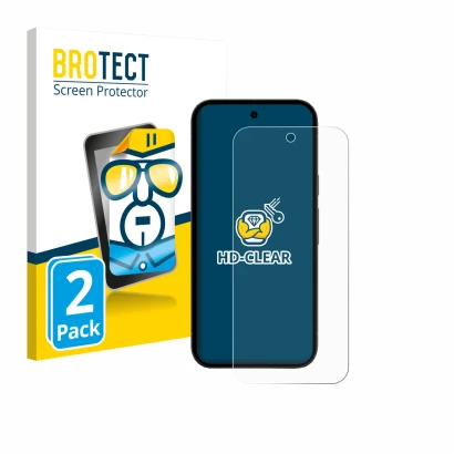 Face avant d’un emballage produit avec le logo de la marque BROTECT. À côté, l’appareil Google Pixel 10a (case-friendly) est r