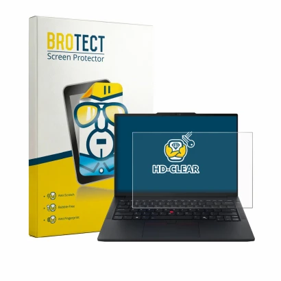 Face avant d’un emballage produit avec le logo de la marque BROTECT. À côté, l’appareil Lenovo ThinkPad E14 Gen 8 est représen