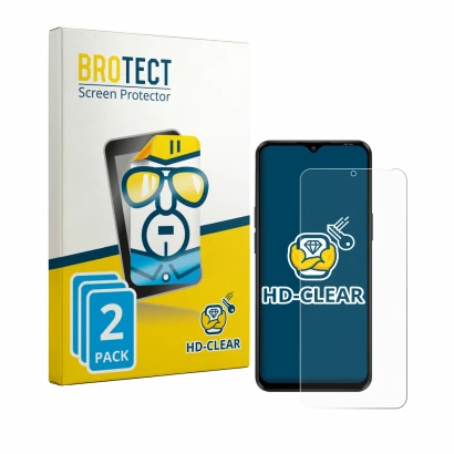 Face avant d’un emballage produit avec le logo de la marque BROTECT. À côté, l’appareil Blackview Wave 7C est représenté avec