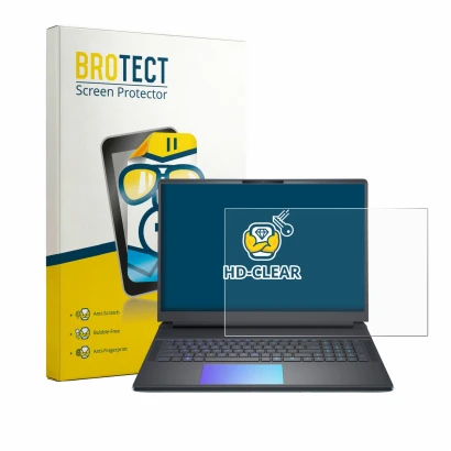 Face avant d’un emballage produit avec le logo de la marque BROTECT. À côté, l’appareil Dell Alienware 18 Area-51 est représen