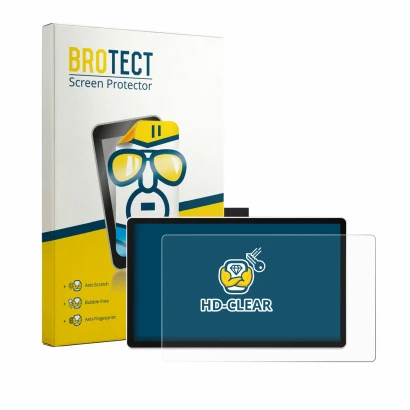 Face avant d’un emballage produit avec le logo de la marque BROTECT. À côté, l’appareil Wacom One 14 est représenté avec la pr