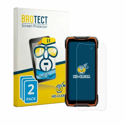 Face avant d’un emballage produit avec le logo de la marque BROTECT. À côté, l’appareil Blackview Rock 2 est représenté avec l