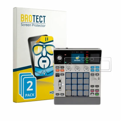 Face avant d’un emballage produit avec le logo de la marque BROTECT. À côté, l’appareil Akai MPC Sample est représenté avec la