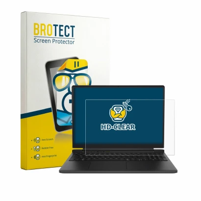 Face avant d’un emballage produit avec le logo de la marque BROTECT. À côté, l’appareil Dell Alienware 15 DA15260 est représen