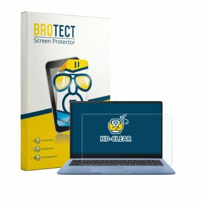 Face avant d’un emballage produit avec le logo de la marque BROTECT. À côté, l’appareil ASUS Chromebook CM15 est représenté av
