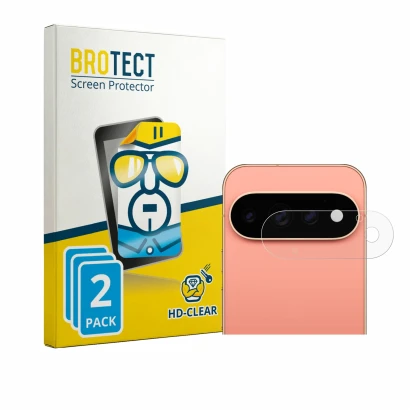 Face avant d’un emballage produit avec le logo de la marque BROTECT. À côté, l’appareil Google Pixel 11 Pro (Caméra UNIQUEMENT