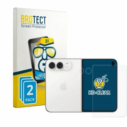 Face avant d’un emballage produit avec le logo de la marque BROTECT. À côté, l’appareil Apple iPhone Duo (Avant+Caméra) est re