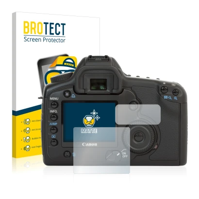 Face avant d’un emballage produit avec le logo de la marque BROTECT. À côté, l’appareil Canon EOS 5D est représenté avec la pr