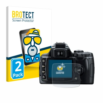 Face avant d’un emballage produit avec le logo de la marque BROTECT. À côté, l’appareil Nikon D40 est représenté avec la prote