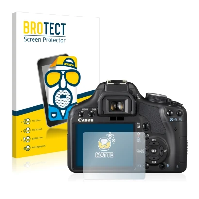 Face avant d’un emballage produit avec le logo de la marque BROTECT. À côté, l’appareil Canon EOS 500D est représenté avec la 
