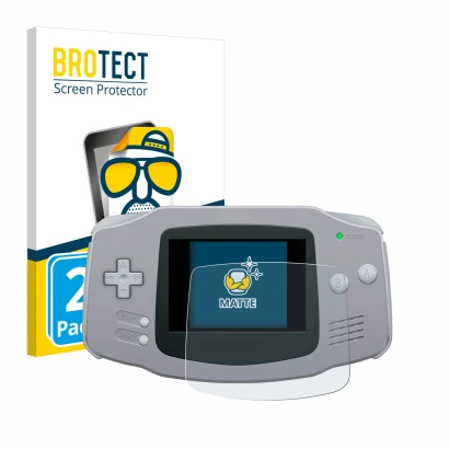 Face avant d’un emballage produit avec le logo de la marque BROTECT. À côté, l’appareil Nintendo Gameboy Advance GBA est repré