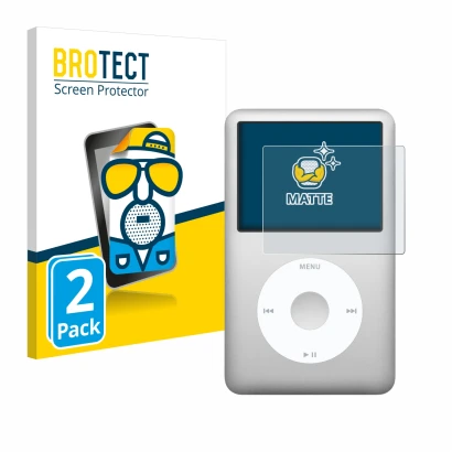 Face avant d’un emballage produit avec le logo de la marque BROTECT. À côté, l’appareil Apple iPod classic 160 GB (7ème Gen.) 