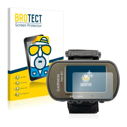 Face avant d’un emballage produit avec le logo de la marque BROTECT. À côté, l’appareil Garmin Foretrex 401 est représenté ave