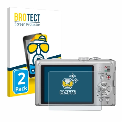 Face avant d’un emballage produit avec le logo de la marque BROTECT. À côté, l’appareil Panasonic Lumix DMC-TZ10 est représent