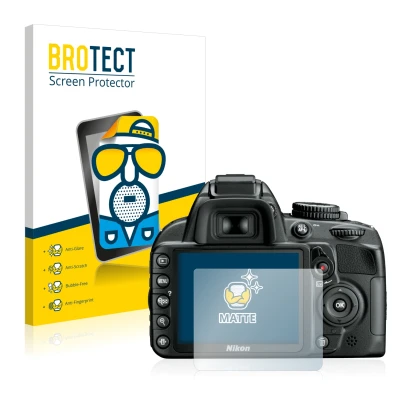 Face avant d’un emballage produit avec le logo de la marque BROTECT. À côté, l’appareil Nikon D3100 est représenté avec la pro