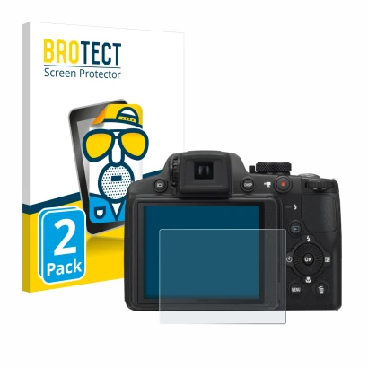 Face avant d’un emballage produit avec le logo de la marque BROTECT. À côté, l’appareil Nikon Coolpix P510 est représenté avec