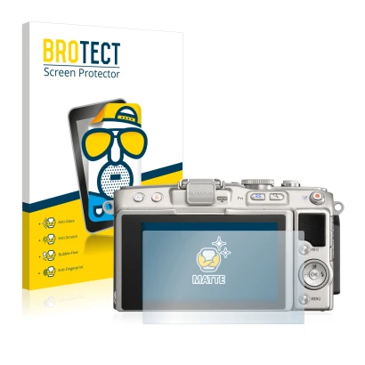 Face avant d’un emballage produit avec le logo de la marque BROTECT. À côté, l’appareil Olympus PEN Lite E-PL5 est représenté