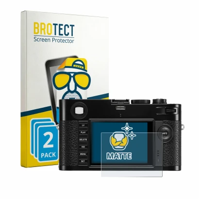 Face avant d’un emballage produit avec le logo de la marque BROTECT. À côté, l’appareil Leica M (Typ 240) est représenté avec 