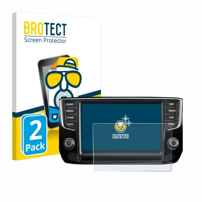 Face avant d’un emballage produit avec le logo de la marque BROTECT. À côté, l’appareil Volkswagen Passat 2015 Discover Pro 8"