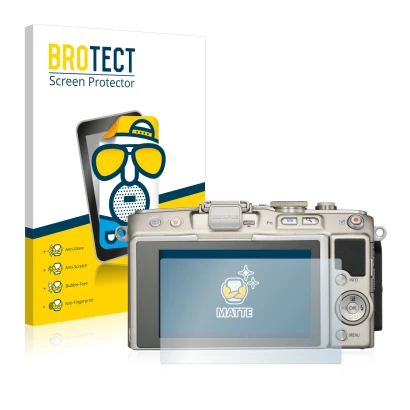 Face avant d’un emballage produit avec le logo de la marque BROTECT. À côté, l’appareil Olympus PEN E-PL6 est représenté avec