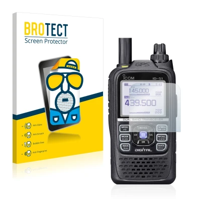 Face avant d’un emballage produit avec le logo de la marque BROTECT. À côté, l’appareil Icom ID-51 est représenté avec la prot