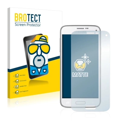 Face avant d’un emballage produit avec le logo de la marque BROTECT. À côté, l’appareil Samsung Galaxy S5 Mini SM-G800 est rep