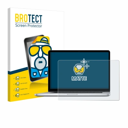 Face avant d’un emballage produit avec le logo de la marque BROTECT. À côté, l’appareil Apple MacBook Pro Retina 15" 2014 est
