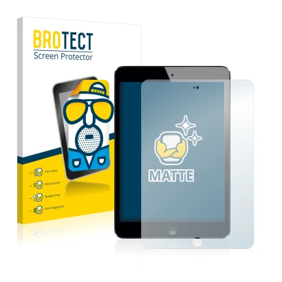 Face avant d’un emballage produit avec le logo de la marque BROTECT. À côté, l’appareil Apple iPad Mini 3 2014 est représenté