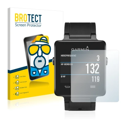 Face avant d’un emballage produit avec le logo de la marque BROTECT. À côté, l’appareil Garmin vivoactive est représenté avec 