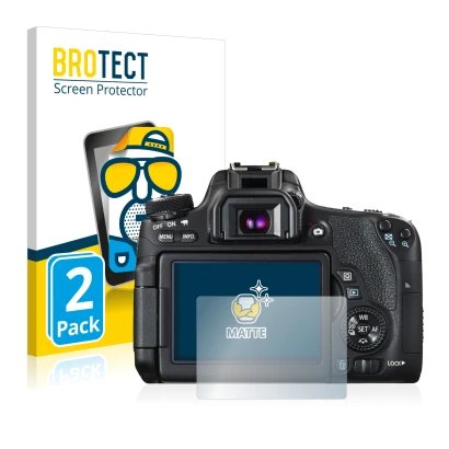 Face avant d’un emballage produit avec le logo de la marque BROTECT. À côté, l’appareil Canon EOS 760D est représenté avec la