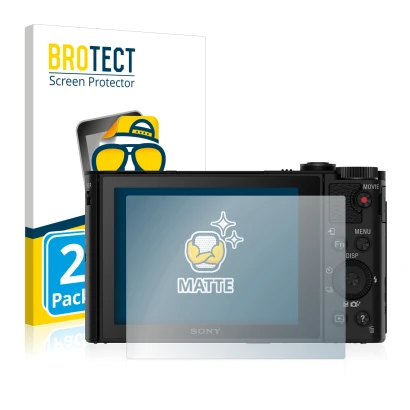 Face avant d’un emballage produit avec le logo de la marque BROTECT. À côté, l’appareil Sony Cyber-Shot DSC-HX90 est représent