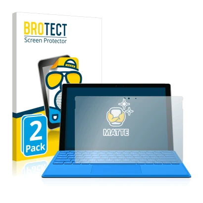 Face avant d’un emballage produit avec le logo de la marque BROTECT. À côté, l’appareil Microsoft Surface Pro 4 est représenté